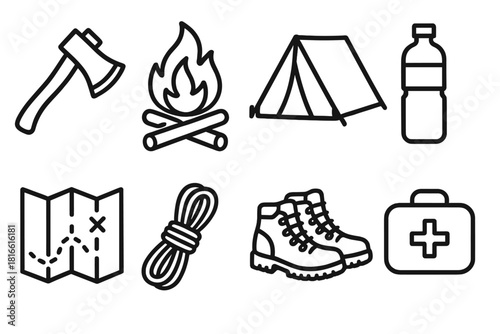Survival Icon Set. Outdoor Survival linear icon set. axe, campfire, tent, water bottle, map, rope, hiking boots, first aid kit.