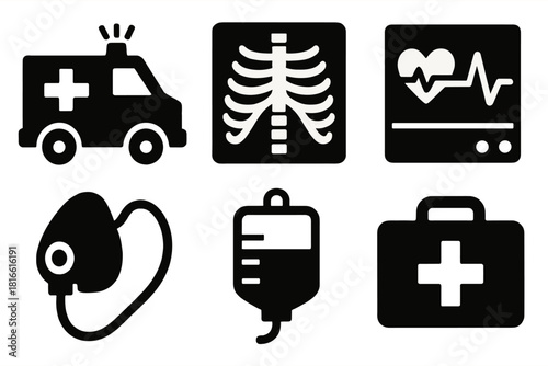 Bold Medical Icons. Emergency Treatment silhouette icon set. ambulance, x-ray, heart monitor, oxygen mask, IV bag, first aid kit