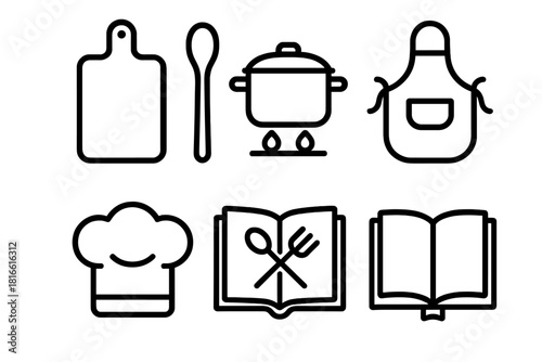 Kitchen Icon Set. Family Kitchen linear icon set. cutting board, wooden spoon, pot on stove, apron, chef hat, recipe book