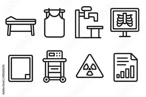 X-ray Equipment Icons. X-ray Environment linear icon set: exam table, protective curtain, wall mount, lightbox frame, sensor plate, equipment cart, caution sign, data sheet