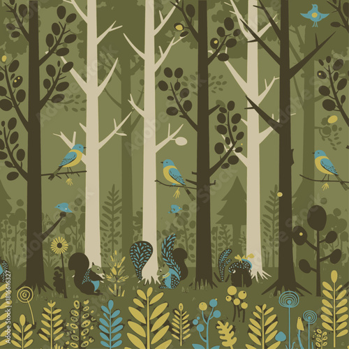 Stylized forest illustration with tall trees, blue birds, and squirrels amidst lush green and yellow undergrowth, featuring a charming natural pattern.
