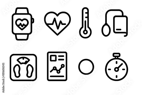 Health Monitoring Icons. Health Monitoring linear icon set: smartwatch, heartbeat line, thermometer, blood pressure cuff, scale, stats panel, pulse dot, timer