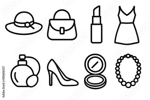 Women's Lifestyle Icons. Women’s Lifestyle linear icon set: hat, handbag, lipstick, dress, perfume bottle, heels, compact mirror, necklace