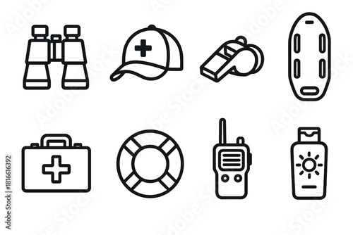 Lifeguard Essentials Icons. Lifeguard essentials concept linear icon set: binoculars, lifeguard cap, whistle, rescue board, first aid box, buoy, radio, sunscreen