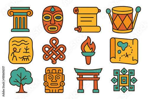 Vibrant Cultural Icons. Cultural Heritage flat icon set: ancient pillar, traditional mask, heritage scroll, ceremonial drum, engraved tablet, cultural knot, historic torch, old map