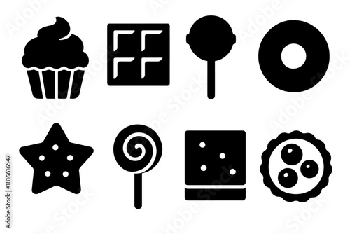 Brutalist Sweet Icons. Sweet Treats Icons silhouette icon set. cupcake, chocolate square, lollipop, donut ring, cookie star, candy swirl, brownie, fruit tart