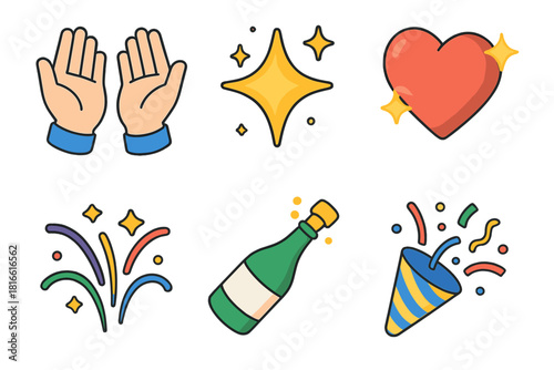 Joyful Farewell Icons. Joyful Farewell flat icon set : open hands, sparkling star, heart glow, fireworks arc, champagne bottle, confetti pop