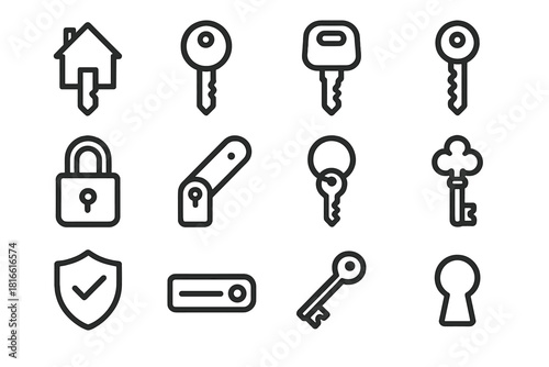 Key and Lock Icons. Access Tools Pack linear icon set: house key, cabinet key, car key silhouette, coded key, padlock icon, latch symbol, ring loop, engraved key, access bar