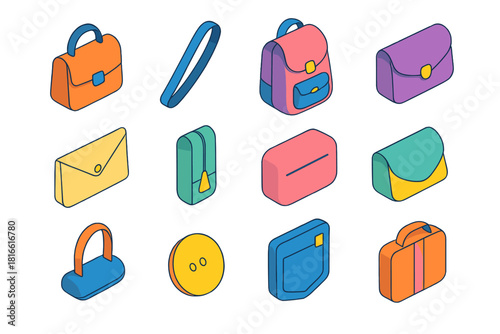 Modern Bag Icons. Modern Trends flat icons set. minimalist satchel, crossbody strap, backpack, clutch, envelope bag, zipper pull, clean seam, curved flap, handle loop, button