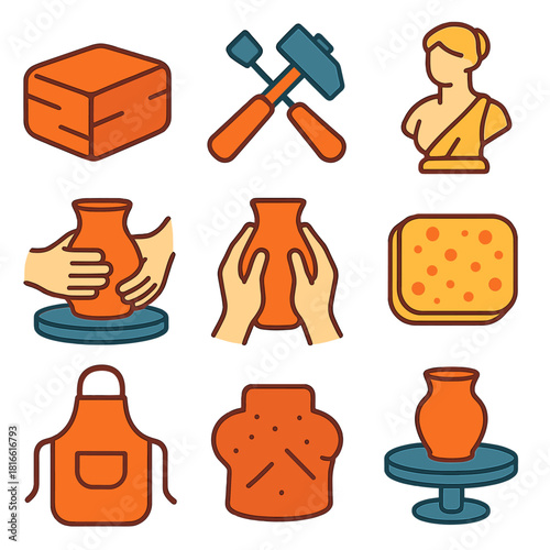 Sculpture Essentials Icons. Sculpture Workshop flat icon set: clay block, chisel, hammer, statue, pottery wheel, hands molding, apron, sponge