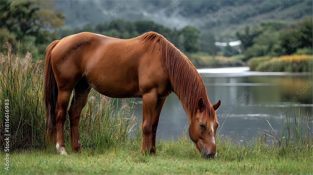 Obraz premium Chestnut horse grazing by tranquil lake with mountains in background, peaceful rural landscape scene in natural environment.