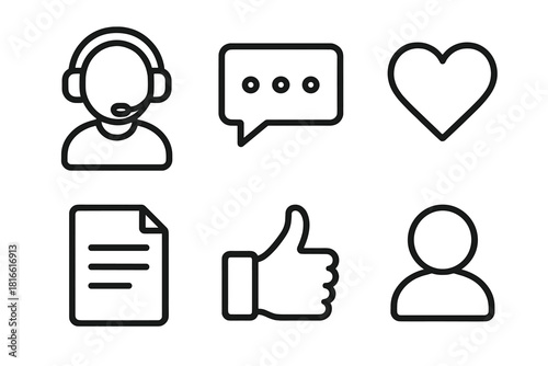 Customer Service Icons. Customer listening linear icon set. headset, user avatar, chat window, heart, document, thumbs up.