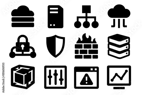 Bold Cloud Icons Set. Enterprise Cloud silhouette icon set. cloud stack, server tower, network map, data stream, secure connection, shield icon, firewall wall, storage stack
