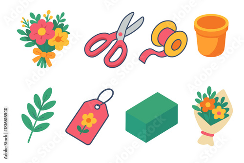 Isometric Flower Icons. Year-Round Flower Designs flat icons set. seasonal bouquet, floral scissors, ribbon spool, ceramic pot, greenery filler, decorative tag, floral foam