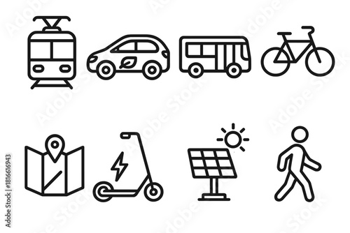 Eco-Friendly Transport Icons. Sustainable City Transport linear icon set. tram, electric car, bus, bike, map, scooter, solar station, pedestrian