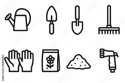 Garden Tool Icons. Garden Essentials linear icon set: watering can, trowel, shovel, rake, gloves, seed packet, soil mound, hose nozzle