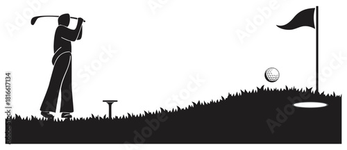 Silhouette Golf Player Swinging Toward Flag.