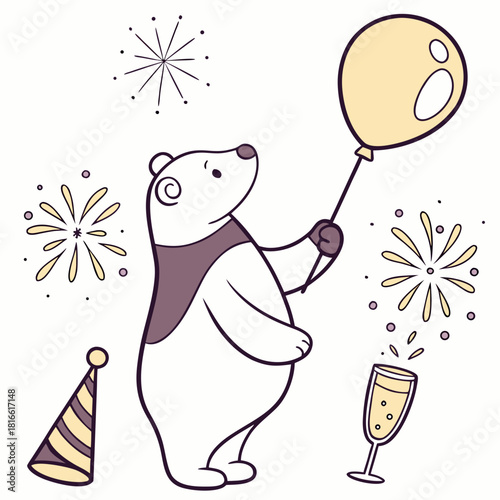 Delightful Happy Polar bear in a New Year's Eve/Day scene with with a balloon – New Beginnings vector illustration