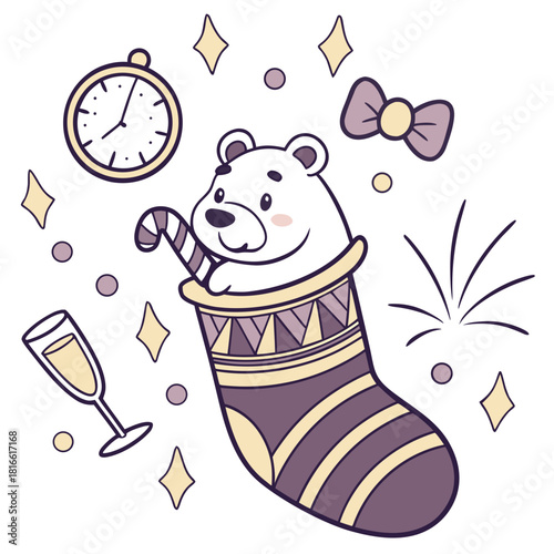 SVG art: A Joyful Polar bear in a New Year's Eve/Day vibe with snuggled in a sock, tinted with New Beginnings tones
