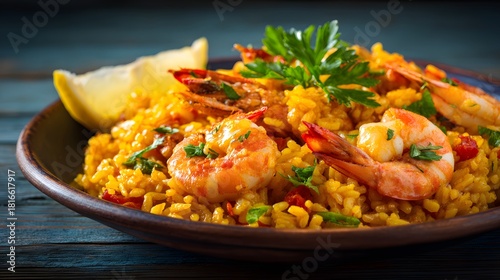 Fototapeta Naklejka Na Ścianę i Meble -  Delicious Spanish seafood paella with shrimp and lemon.