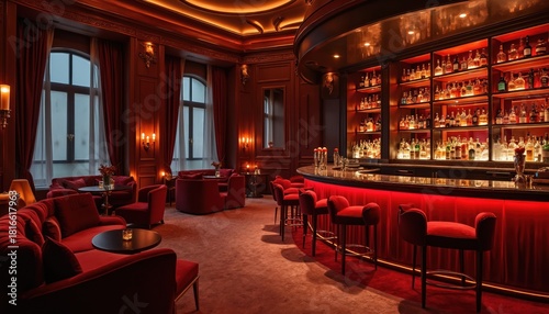 Elegant cocktail lounge with red velvet chairs. Stylish interior decor features comfortable seating, ambient lighting. Alcohol bottles displayed on shelves. Luxury furniture creates inviting