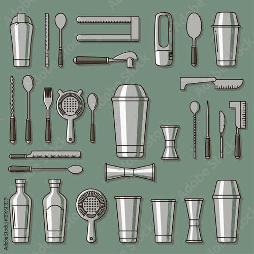 A comprehensive collection of various metallic bar tools and cocktail-making equipment, including shakers, strainers, jiggers, and spoons, arranged neatly on a teal background.