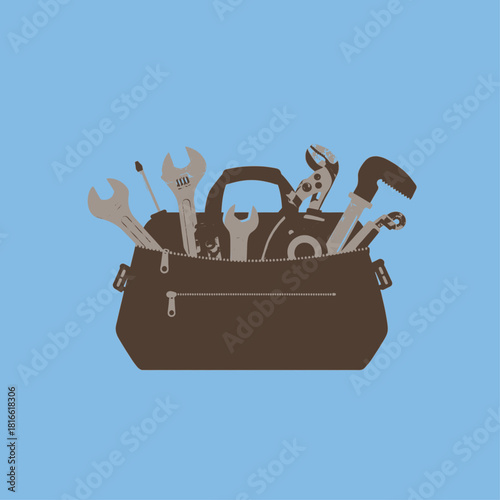 A brown tool bag filled with various hand tools like wrenches, pliers, and screwdrivers, set against a light blue background.
