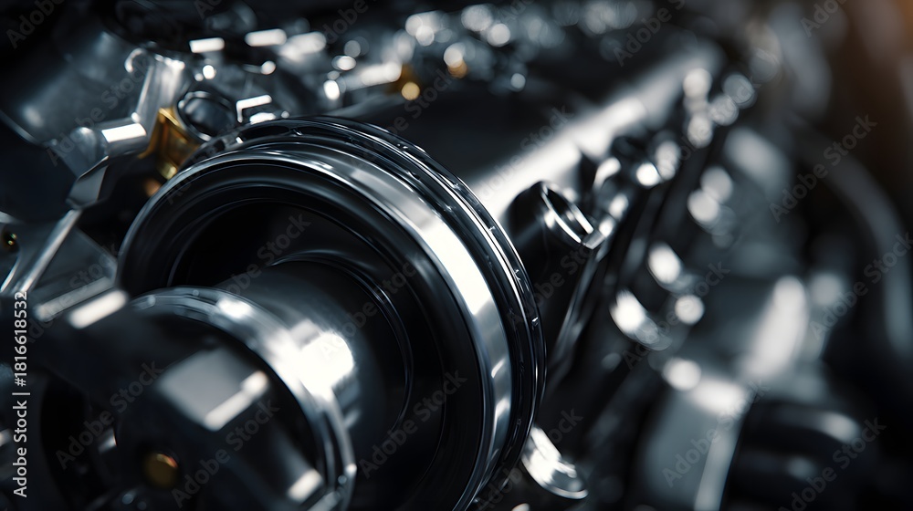 Fototapeta premium Detailed close up of a powerful and shiny chrome car engine.