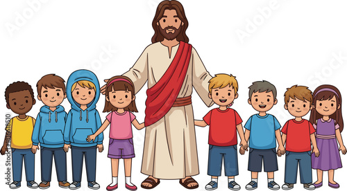 Jesus with children illustration, spiritual care, unity, love, cartoon style, diverse kids, religious theme, compassion, faith, parenting, guidance