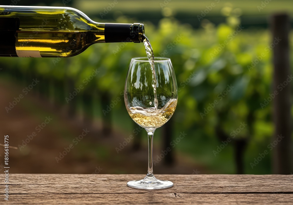 Fototapeta premium Crisp white wine pouring from a bottle into a stem glass during a sunny afternoon tasting session at a rustic, scenic vineyard location ,aroma ,pour ,fresh