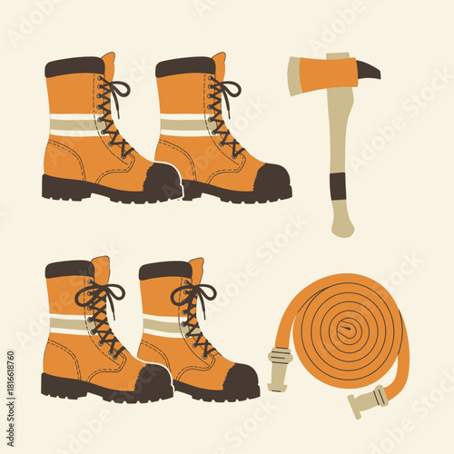 Illustration of essential firefighting equipment including two pairs of boots, an axe, and a coiled fire hose.