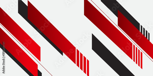 Modern red stripes combined with bold black angled geometric shapes on a clean light background, creating a dynamic abstract design suitable for presentations, banners, posters, and digital layouts.