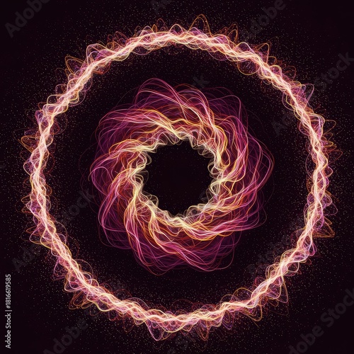 Dynamic swirling digital abstract pattern illustrating complex wave interactions and energy flow. Vibrant colors creating an immersive sonic visualization field ,dark ,sound ,audio