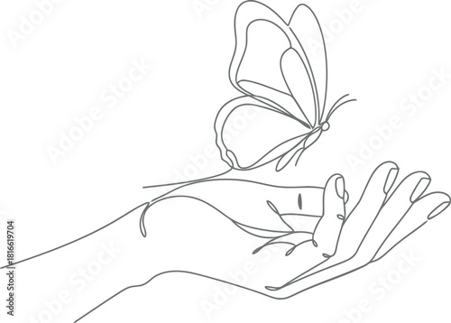 Delicate butterfly lands gently on an open hand in minimalist line art