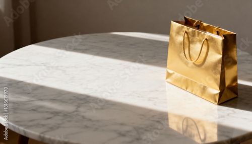 Fototapeta Naklejka Na Ścianę i Meble -  Luxury gold gift bag on a marble table in natural sunlight. Elegant shopping concept for holidays or birthdays with copy space for text