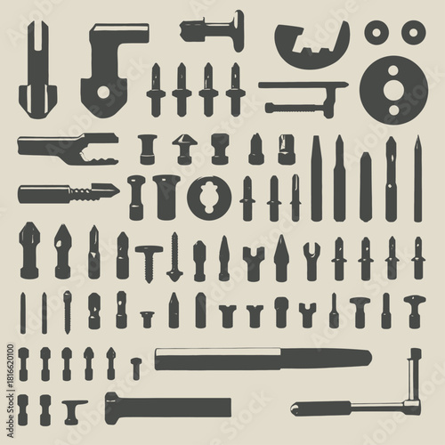 A comprehensive collection of various industrial fasteners, bits, and mechanical components.