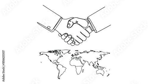 Line drawing depicts a handshake above a simplified world map, symbolizing global agreement.