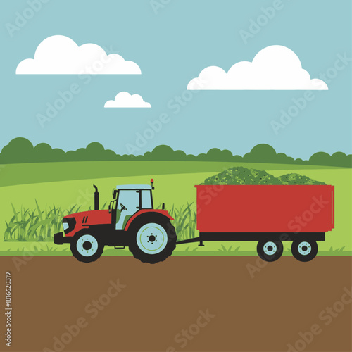 A red farm tractor pulling a loaded red trailer through a green field under a blue sky with white clouds.