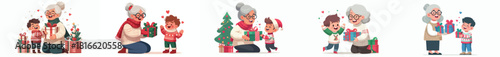 Grandmother gives Christmas presents to her grandchildren. Vektor, design, minimalist, illustrations, set icon