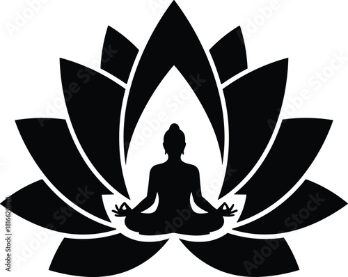 Meditation silhouette, lotus flower, yoga pose, spiritual calm, mindfulness icon, inner peace, zen art, wellness graphic, vector illustration, black and white, meditating person, yoga mudra, tranquil