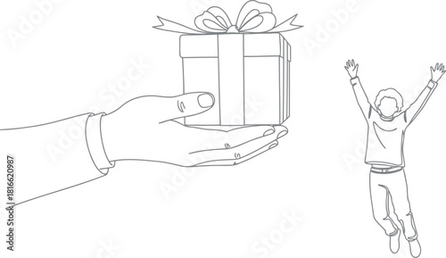 Joyful recipient receives a surprise gift from an outstretched hand