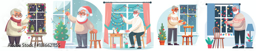 Grandpa hangs Christmas lights in the window. Vektor, design, minimalist, illustrations, set icon