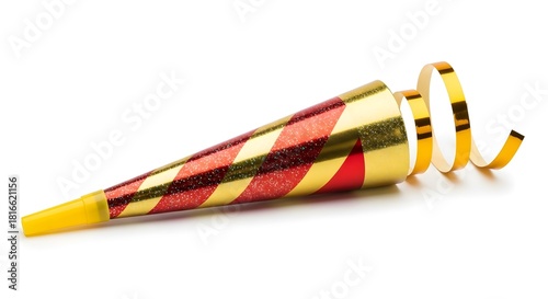 A colorful party noisemaker, isolated. The noisemaker is golden with red stripes and a yellow mouthpiece