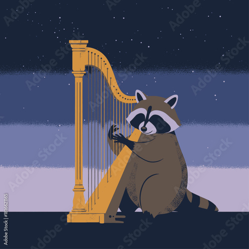 A charming cartoon illustration of a raccoon playing a golden harp under a starry night sky with striped blue and purple background.