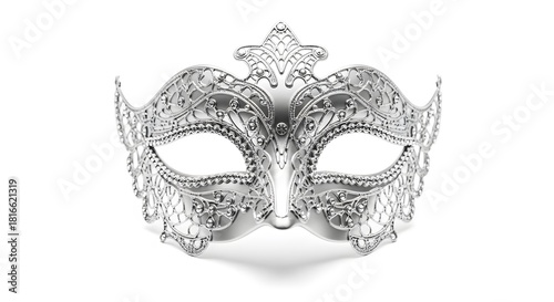 An exquisitely detailed silver masquerade mask, showcasing intricate craftsmanship and elegance. The mask is adorned with delicate patterns and designs. 