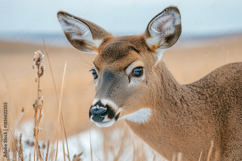 Fototapeta premium Graceful White Tailed Deer Doe Grazing Peacefully in a Snowy Winter Meadow Surrounded by Nature