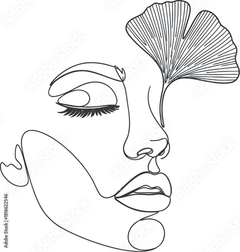 Minimalist line art portrait of a woman with ginkgo leaf accent