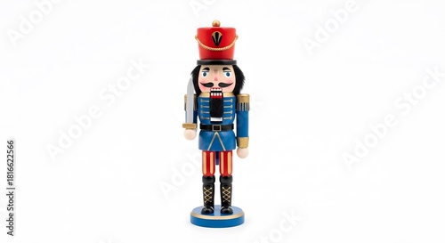 A decorative wooden nutcracker soldier standing upright, capturing the spirit of a holiday. Dressed in a traditional uniform, it exudes charm and nostalgia. 