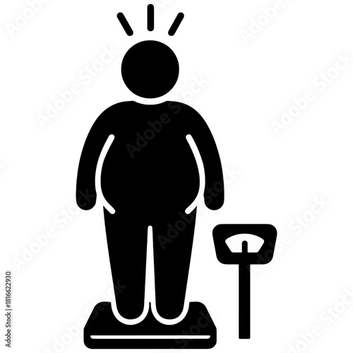 Obesity icon of person on scale with warning marks symbolizing obesity awareness and weight-related health concerns
