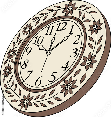 Vintage Floral Wall Clock Vector Illustration 